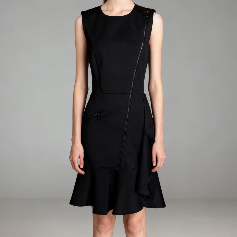 DKNY Cascade‎ Ruffle Sleeveless Dress Zipper Detail Black Size 4